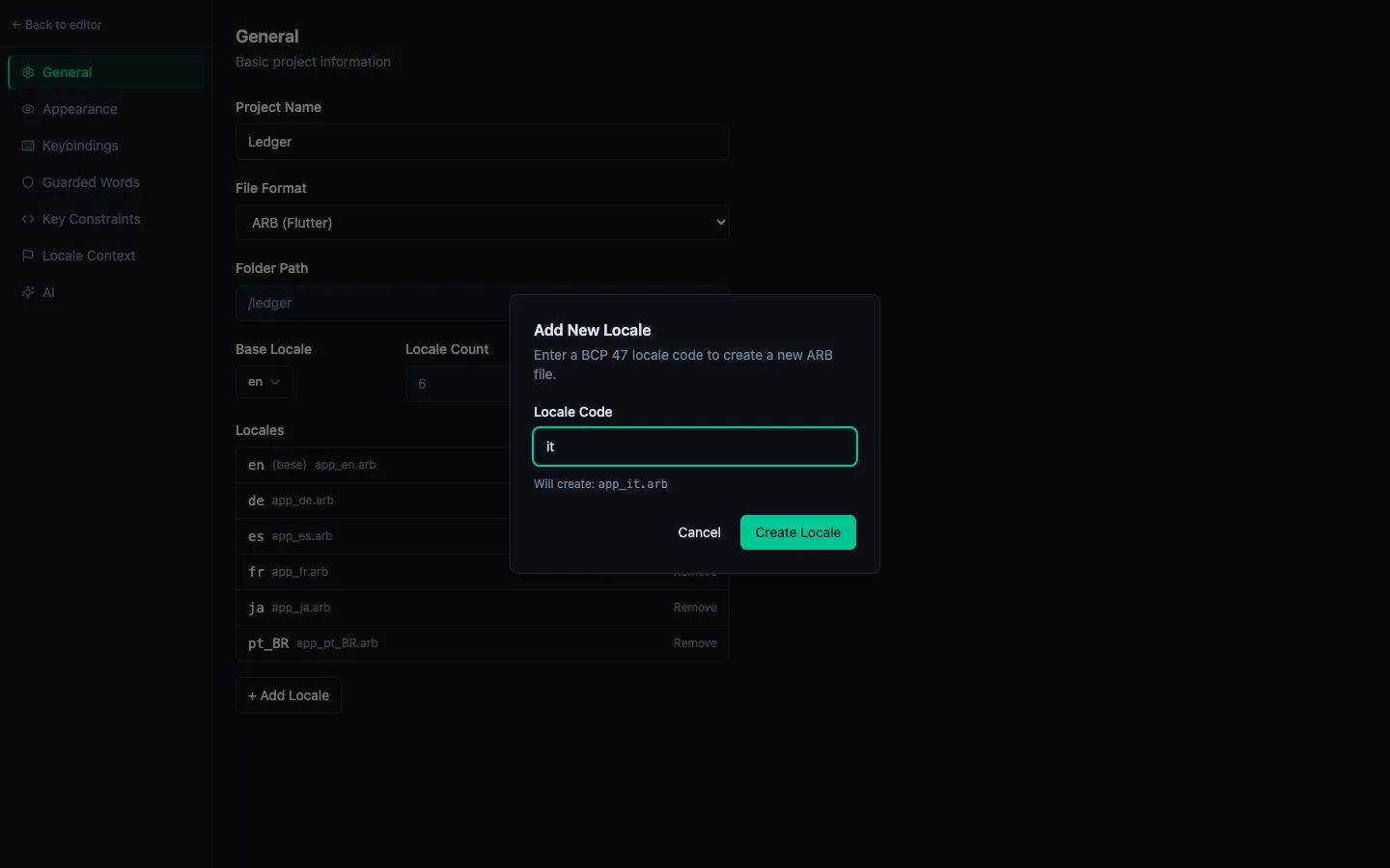 Add Locale sheet with preset search showing available language options