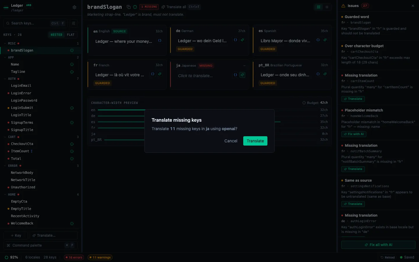 Bulk translate dialog showing progress through locale translation