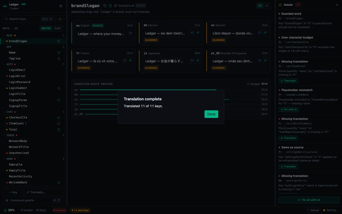 Bulk translate results summary showing translated key count and any failures