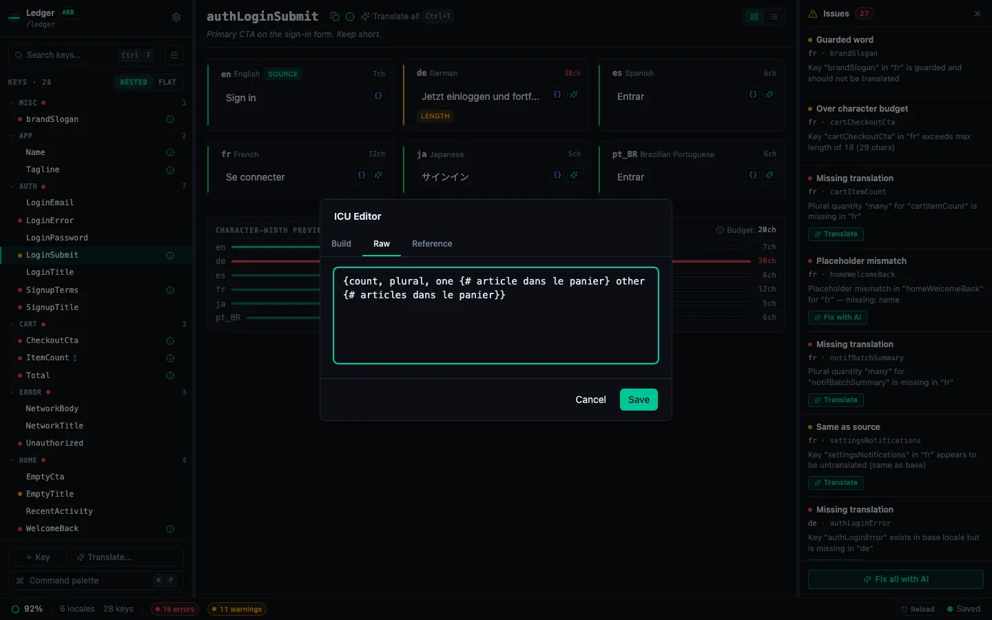 ICU editor raw tab showing the ICU MessageFormat string being edited