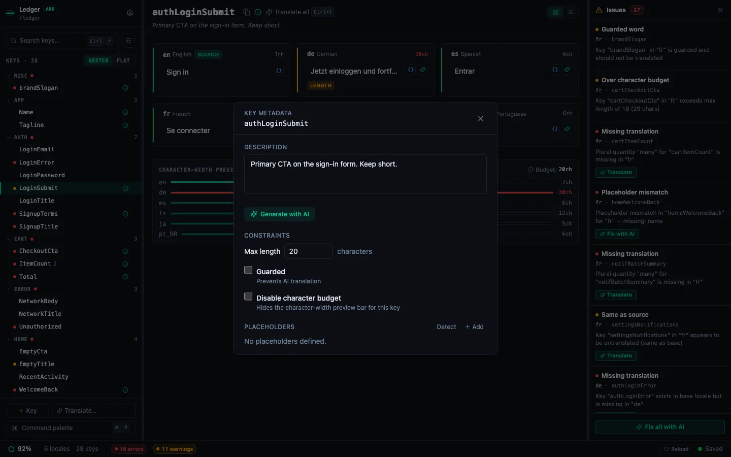 Metadata sheet open showing description and x-max-length fields being edited for a key