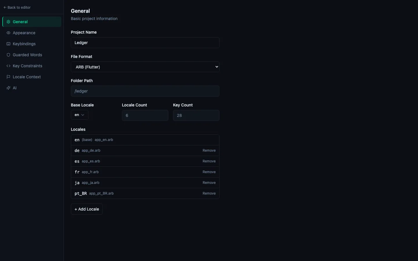 Project Settings AI tab with provider, model, and product context configured