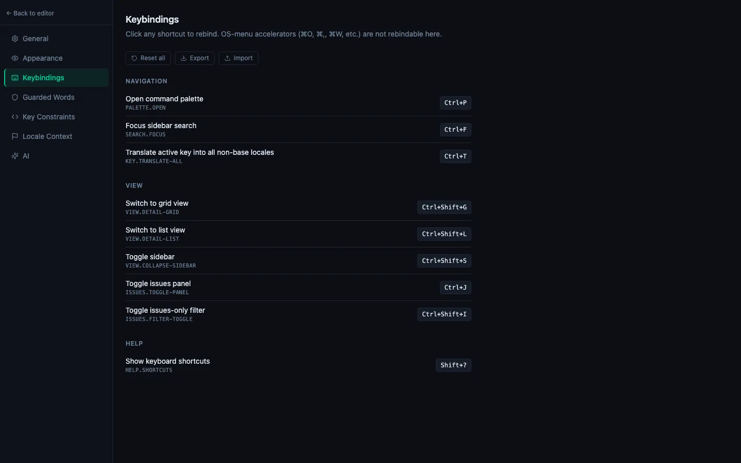 Settings → Keybindings tab with every rebindable command listed