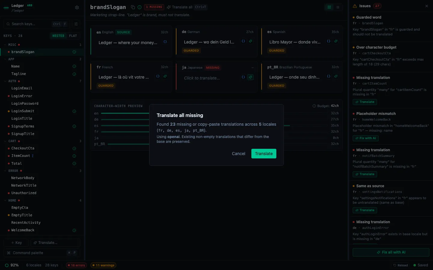 Translate all missing dialog showing the confirm phase with total count and locale list