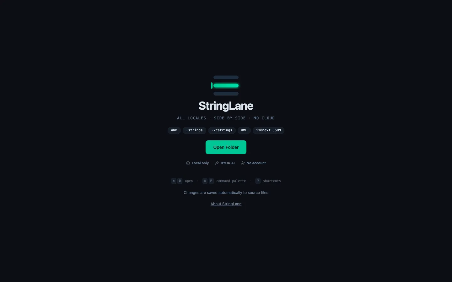 StringLane welcome window on first launch — format pills + trust row + keyboard hints