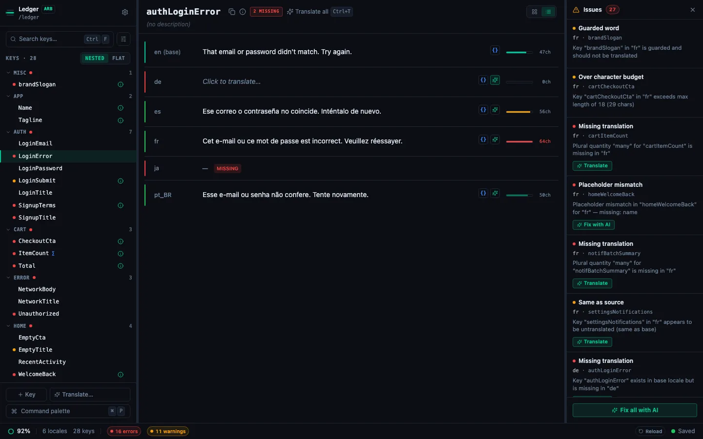 Per-key detail pane in List mode with stacked locale rows and inline char-width bars