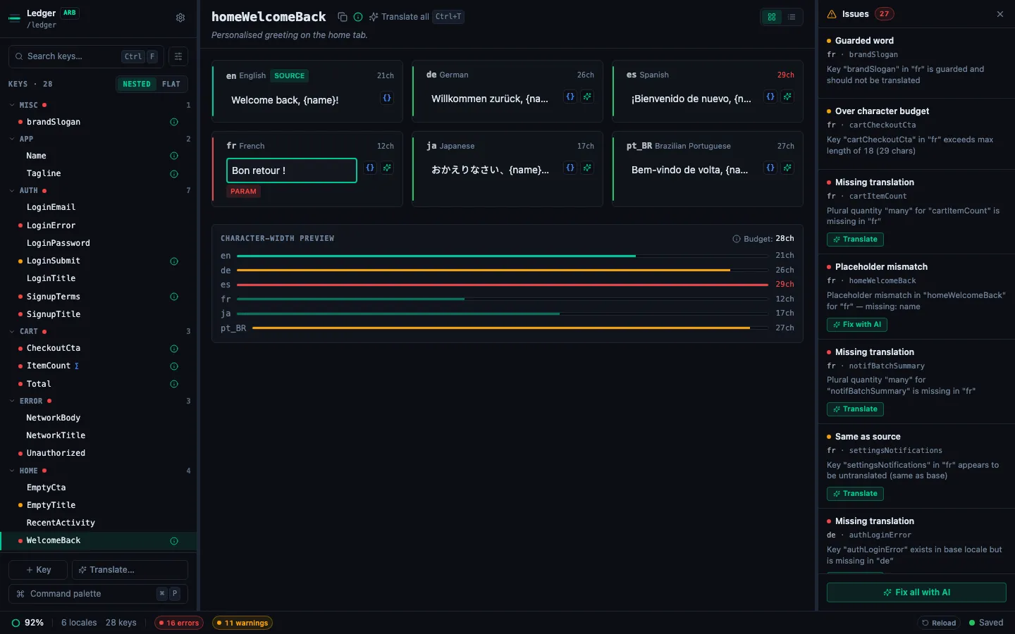 Param badge with tooltip showing which placeholder is missing from the translation