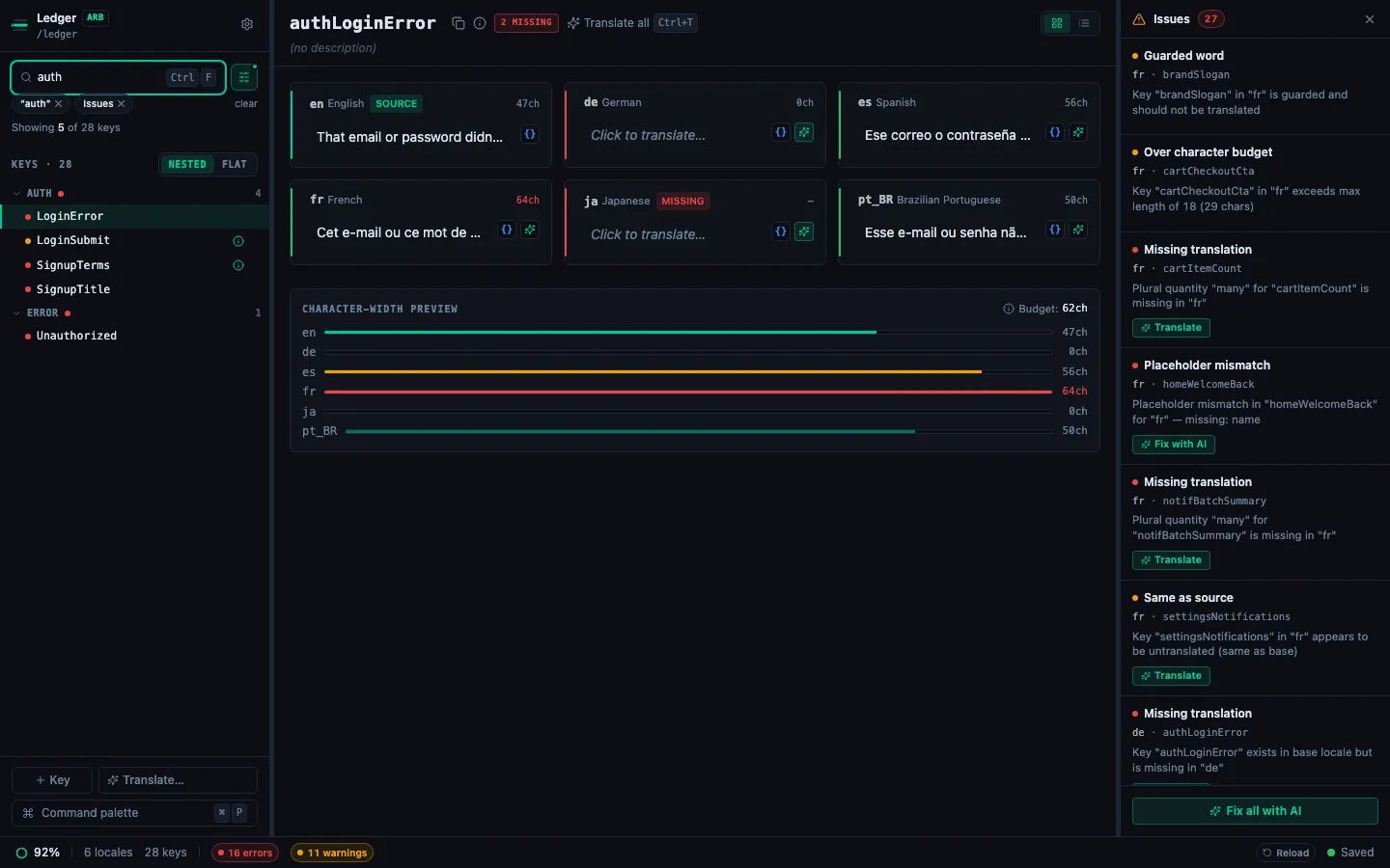 Search bar with the Issues toggle active, filtering to keys with validation errors