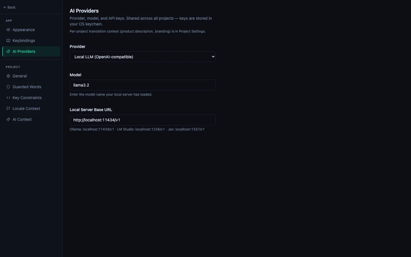 Settings → App → AI Providers with the Local LLM (OpenAI-compatible) provider selected, a model name, and the Local Server Base URL pointing at http://localhost:11434/v1