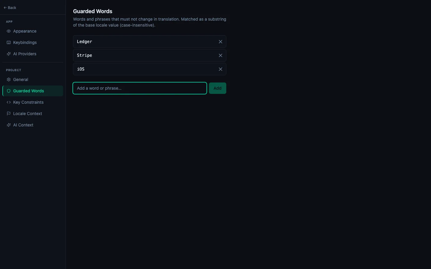 Settings → Project → Guarded Words with three entries — Ledger, Stripe, iOS — and the Add input below the list