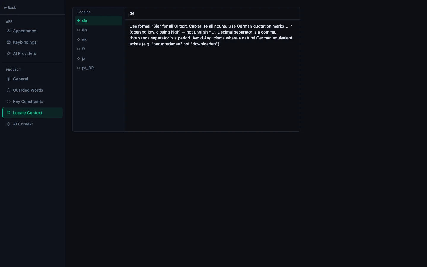 Settings → Project → Locale Context — the per-locale sub-list on the left (filled dot = has custom context), the textarea on the right with a German formal-register note