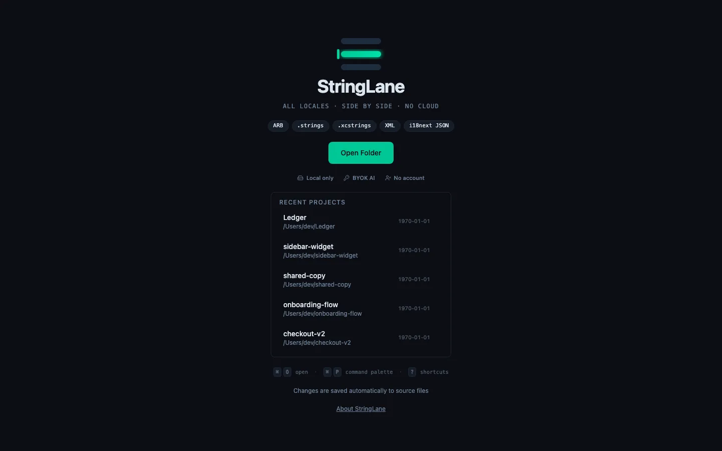 StringLane welcome screen showing recent projects list